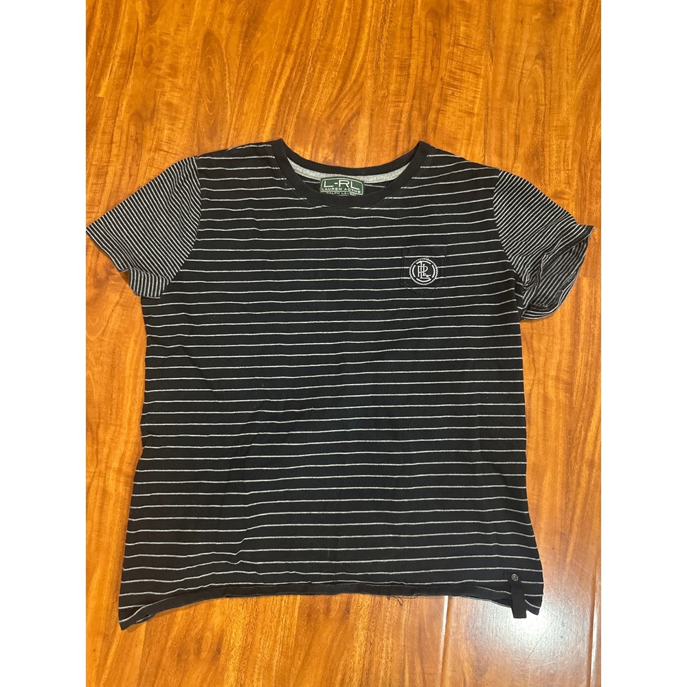 LRL‎ Ralph Lauren Active Top Women's Black Striped Shirt Short Sleeve Cotton L